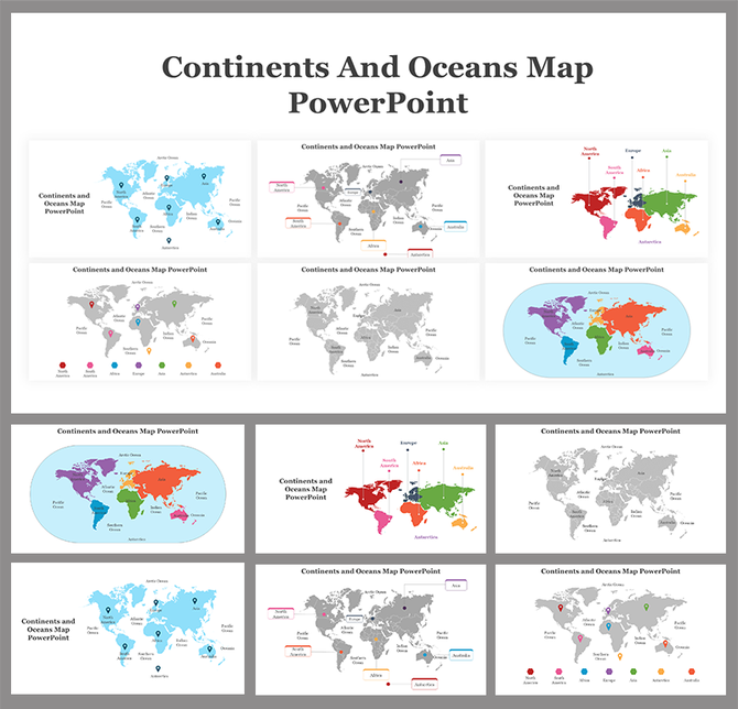 Collection of PowerPoint slides showcasing maps of continents and oceans, with labeled countries and regions.