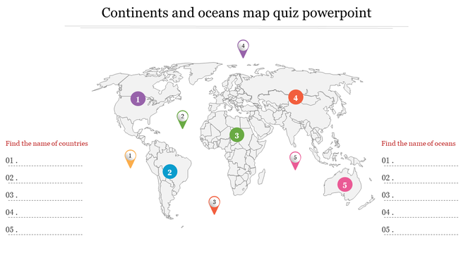 Map with colored pins labeled 1 to 5 on different continents and oceans, with answer sections on both sides.