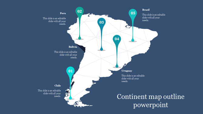 White South America map with numbered location markers for five countries, connected by faint grid lines, on a blue backdrop.