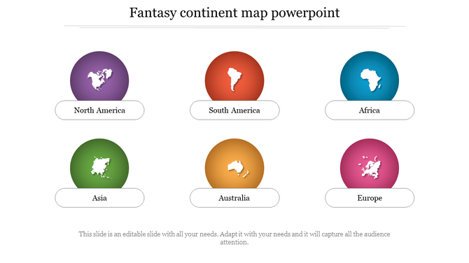 Fantasy Continent Map PowerPoint slide with colorful icons with placeholder text.
