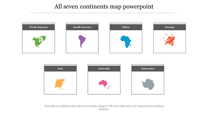 Slide featuring colorful maps of north america, south america, africa, europe, asia, australia and antarctica with text area.