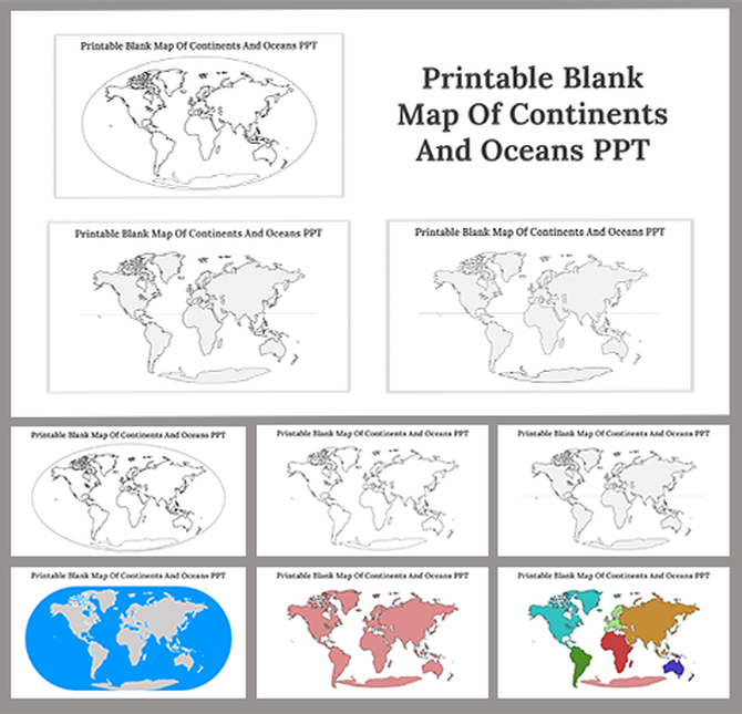 Grid layout of nine blank and colored world map templates showcasing continents and oceans.