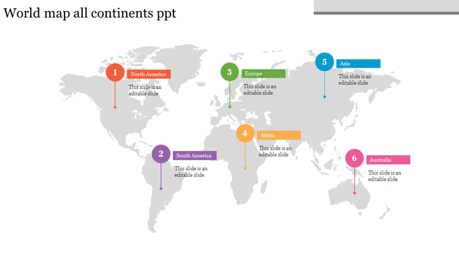 World map infographic with six colorful numbered markers, each highlighting a continent with a label and description.