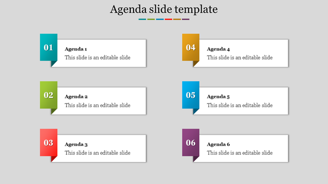 Horizontal agenda slide with six color coded labels numbered 01 to 06, each followed by a white text box with a bold title.
