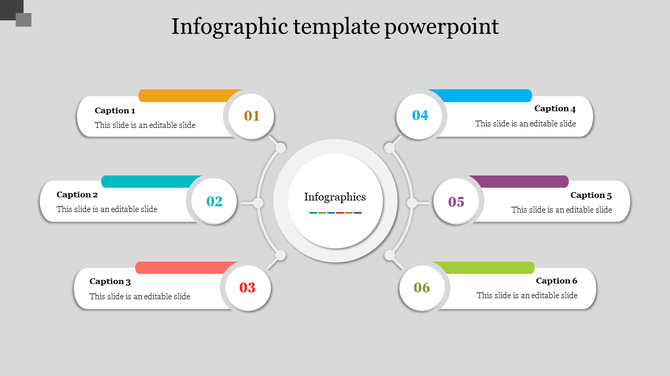Circular infographic template with six sections, each containing a caption and a color label connected to a central hub.
