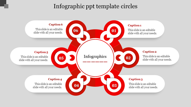 Red circular infographic with six connected nodes, and white text areas extending outward on a gray background.