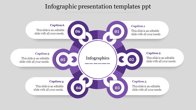 Purple circular infographic PowerPoint template with six numbered sections and captions with placeholder text.