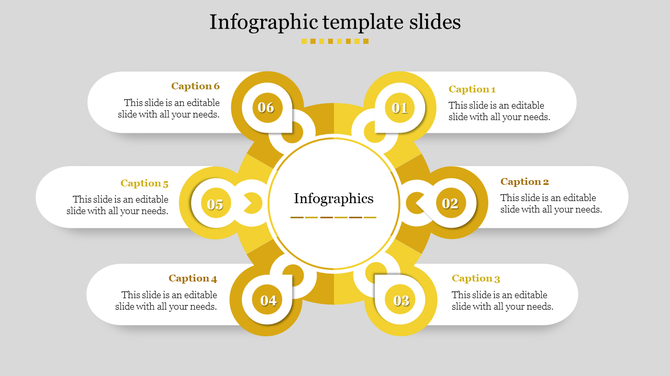 Yellow circular infographic PowerPoint template with six numbered sections and captions with placeholder text.