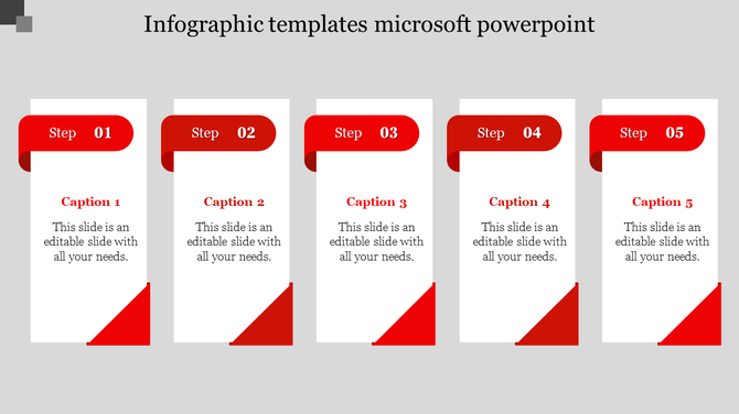 Five step infographic PowerPoint slide with red banners and text sections on a grey backdrop.