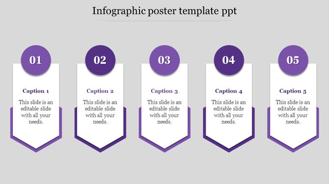 Slide with a five step infographic poster design featuring numbered sections and captions, each with text for content.