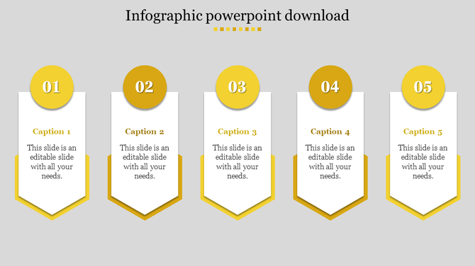 Five step infographic PowerPoint template with yellow accents and text boxes on a grey backdrop.