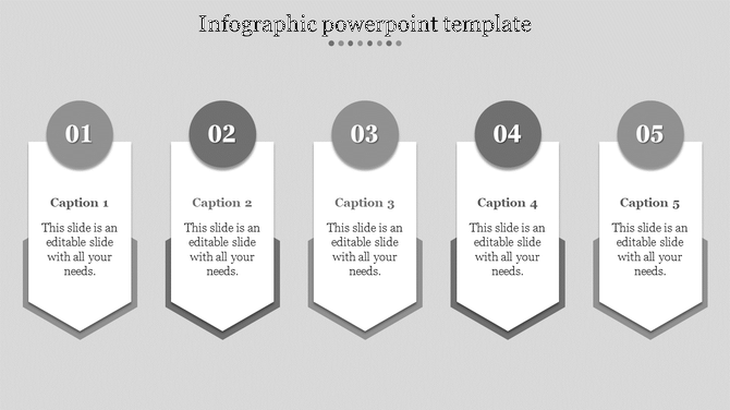 Vertical infographic with five white banners, each with a circular header, bold caption, and editable placeholder text.