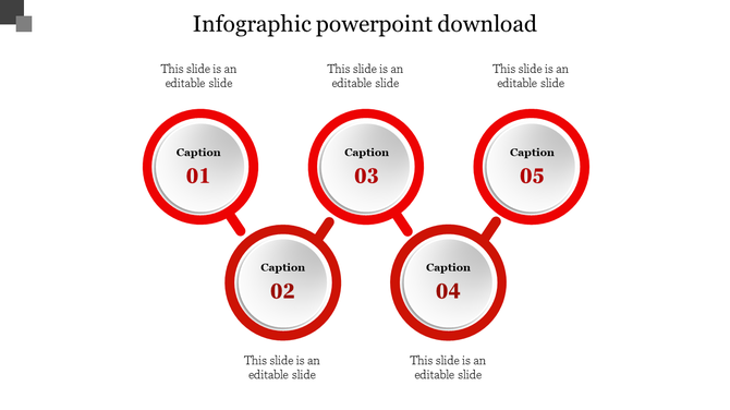 Five step infographic PowerPoint template with circular red frames and captions on a white backdrop.