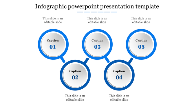 Circular infographic with five silver gradient circles outlined in blue, labeled Caption 01 to 05 in a staggered layout.