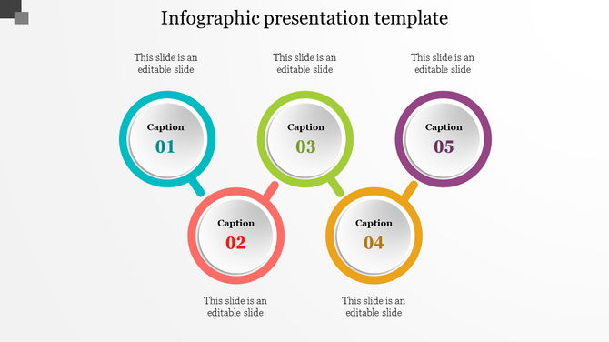 Infographic PowerPoint template with five numbered color coded circles with captions and placeholder text.