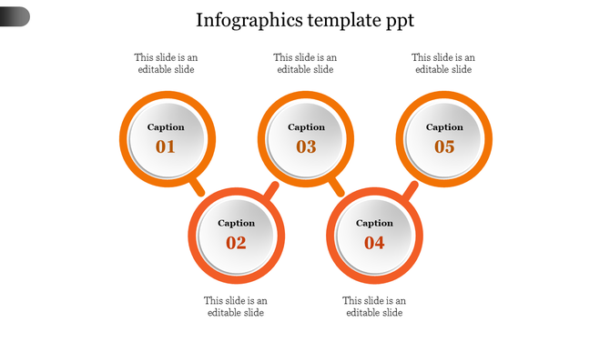 Five step infographic PowerPoint template with circular orange frames and captions on a white backdrop.