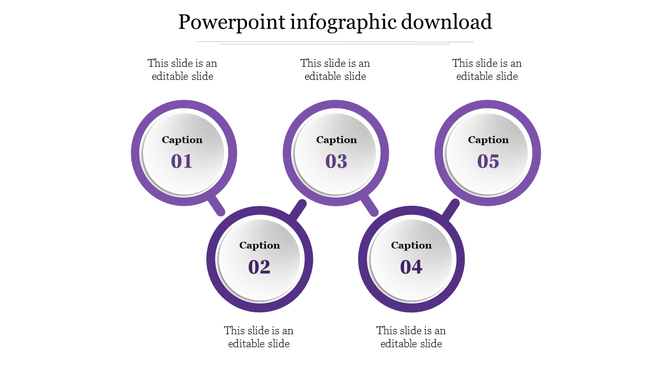Circular infographic with five silver circles outlined in purple, labeled Caption 01 to 05 in a staggered layout.