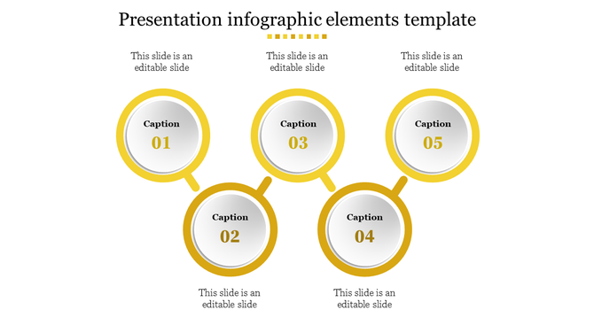Five step infographic PowerPoint template with circular yellow frames and captions on a white backdrop.
