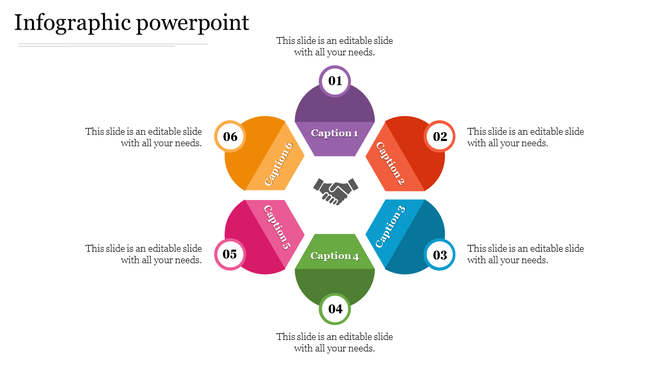 Infographic diagram featuring six multicolored segments, forming a hexagonal shape with a handshake icon in the center.