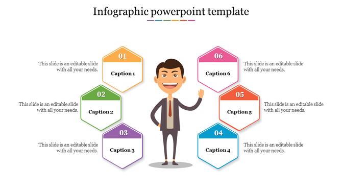 Infographic PowerPoint template with six numbered colorful captions and an illustrated character with placeholder text.