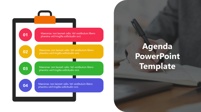 Agenda PowerPoint template featuring a list of four steps with corresponding colors and text placeholders.