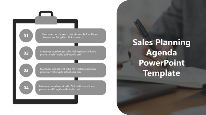 Sales agenda slide with four gray circular step linked to text boxes on a clipboard graphic, writing photo on the right side.