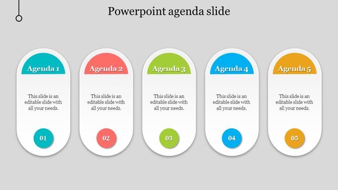 Agenda slide with five sections in different colors, each displaying a title, placeholder text, and a circle at the bottom.