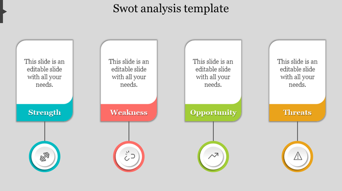 A four-segment SWOT analysis design with bold headings and unique icons linked to each category.