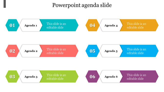 Horizontal agenda slide showing six items, each starting with a numbered hexagon in bright colors and caption areas.