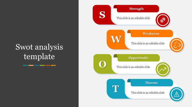Colorful SWOT analysis PPT slide featuring four sections for Strength, Weakness, Opportunity, and Threats with icons.