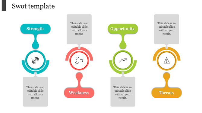 SWOT analysis template featuring four colored segments, each with a title, circular icon, and placeholder text areas.