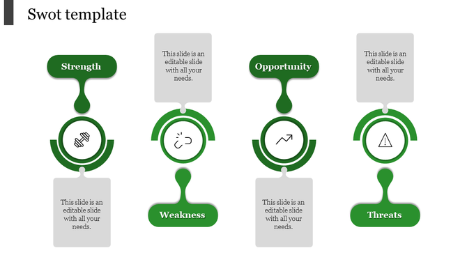 SWOT diagram with Strength, Weakness, Opportunity, and Threat sections, each containing an icon and placeholder text areas.