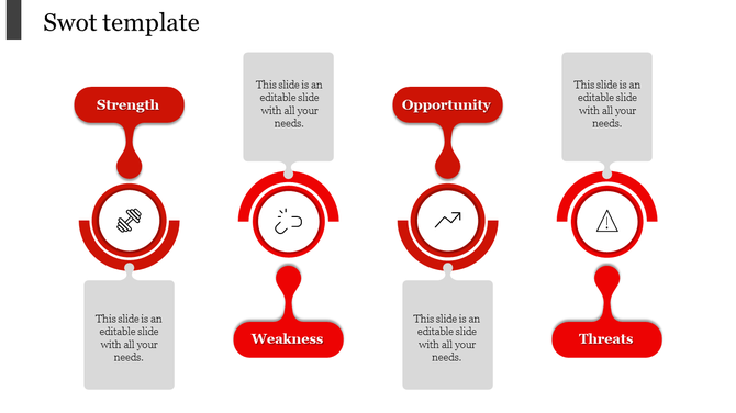 SWOT diagram with Strength to Threat sections, each containing a red header, icon, and placeholder text areas.