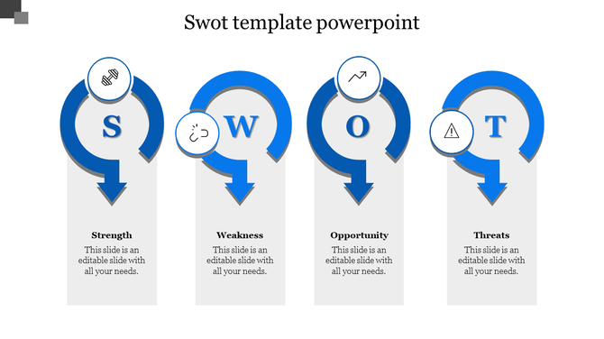 SWOT PPT slide with labeled sections for Strength, Weakness, Opportunity, and Threat with blue icons and placeholder text.