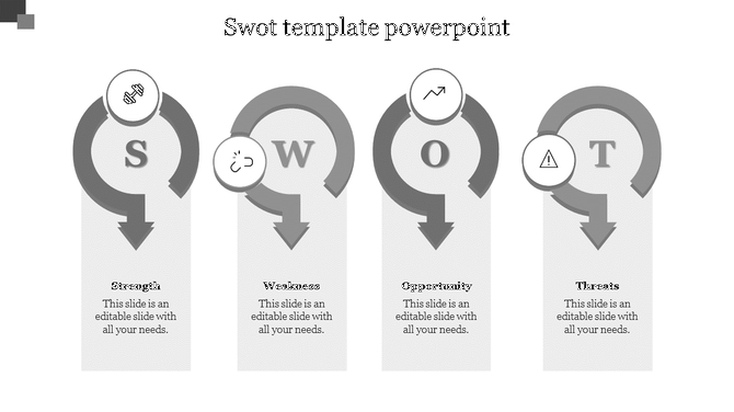SWOT analysis diagram with four curved arrows, each labeled S, W, O, T, featuring icons and caption areas.