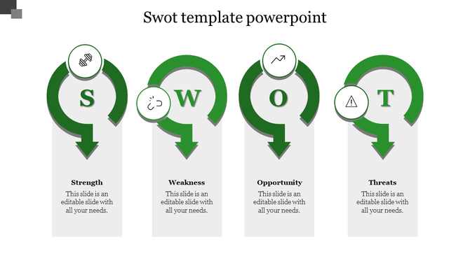 Green themed SWOT analysis slide featuring sections for strength, weakness, opportunity, and threats with text and icons.