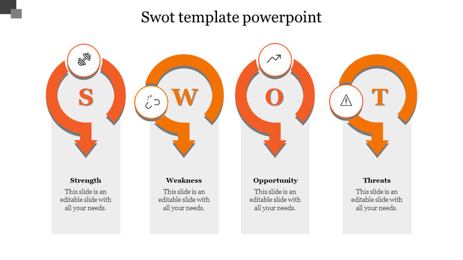 SWOT analysis diagram with four orange arrows, each representing a quadrant from strengths to weakness with caption area.