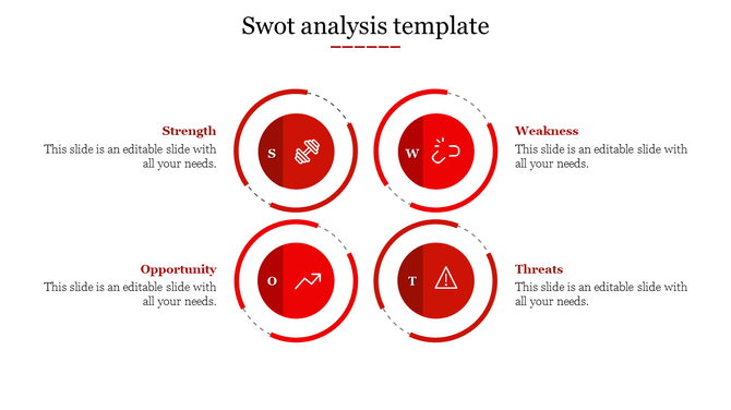 SWOT analysis layout with four red circles with icons, surrounded by dotted arcs and arranged in a square layout.