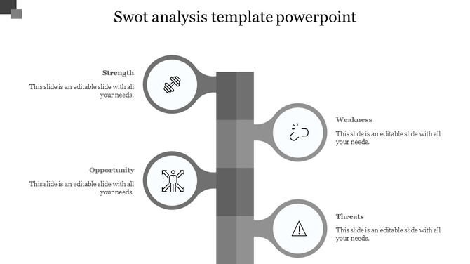SWOT analysis PPT slide with sections for strengths, weaknesses, opportunities, and threats with grey icons and text.