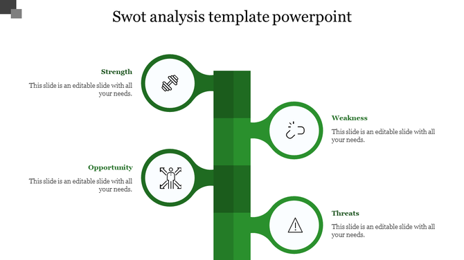 SWOT template with a green stem, circular branches labeled Strength, Weakness, Opportunity, and Threats, and icons inside.