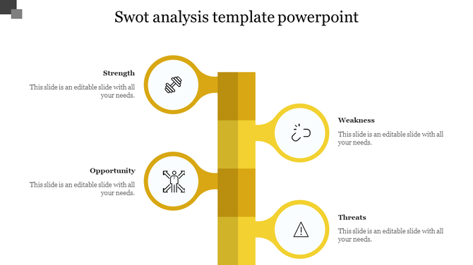 SWOT infographic featuring a yellow vertical stem with nodes extending for Strength, Weakness, Opportunity, and Threats.