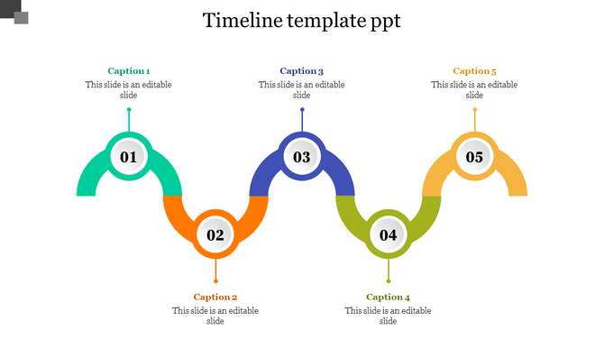 Five step curved timeline with numbered circles from 01 to 05 in green, orange, blue, olive, and yellow, with captions.