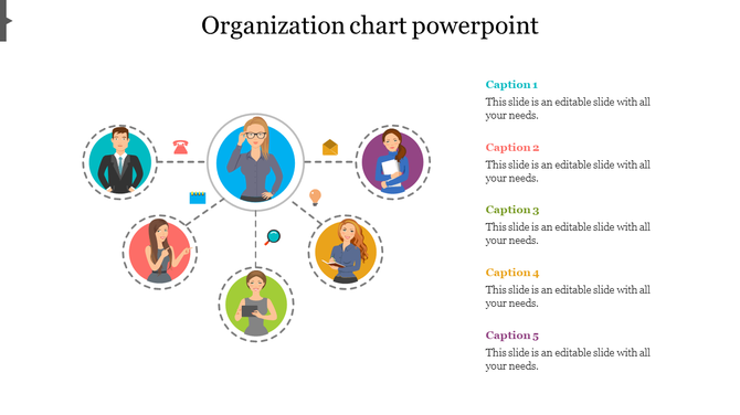 Organization template featuring a central character connected to five team members in circular nodes, with captions.