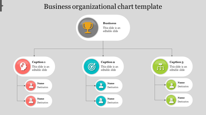 Three level organizational chart with a top business node branching into three sections, each with sub nodes in colours.