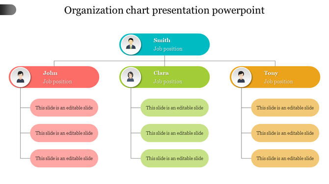 Organizational chart with circular avatars and structured hierarchy, featuring blue, red, green, and yellow sections.