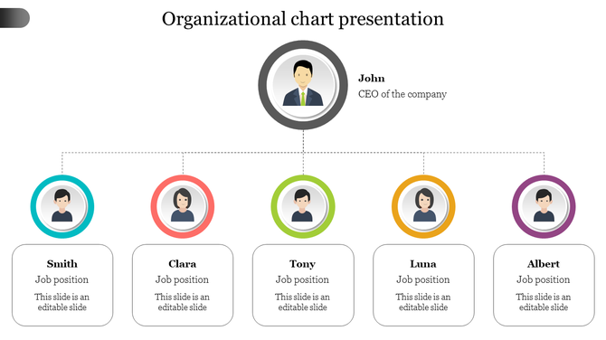 Organizational chart with a CEO named John at the top, followed by team members Smith, Clara, Tony, Luna, and Albert.