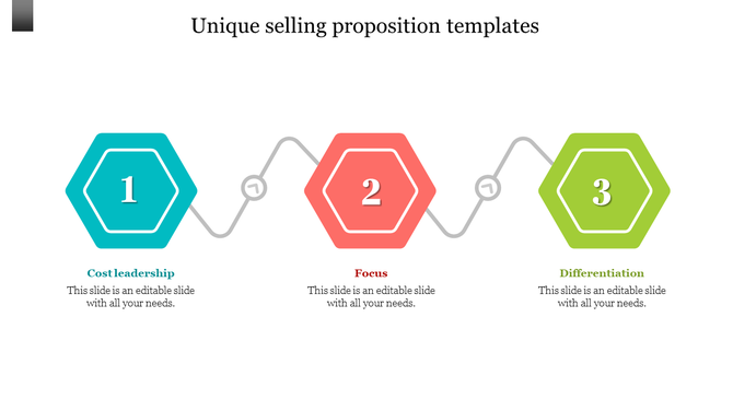 Colorful template featuring teal, red, and green hexagons numbered 1, 2, and 3, with corresponding text below.
