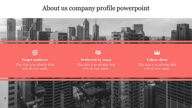 About Us company profile PPT featuring a cityscape background and sections from target audience to client values with icons.