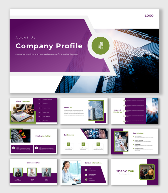 Elegant About Us Company Profile slides featuring a green icon, detailed service sections, and visually appealing layouts.