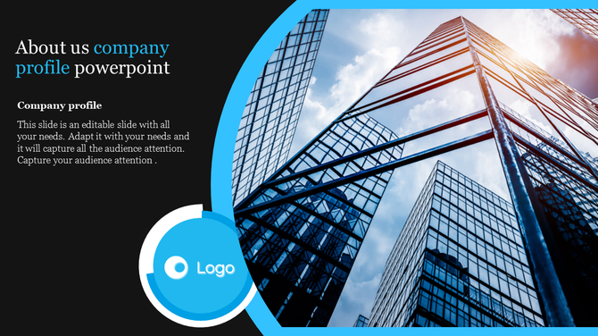 About us slide with black and blue theme, skyscraper image, circular logo section, and modern curved design elements.